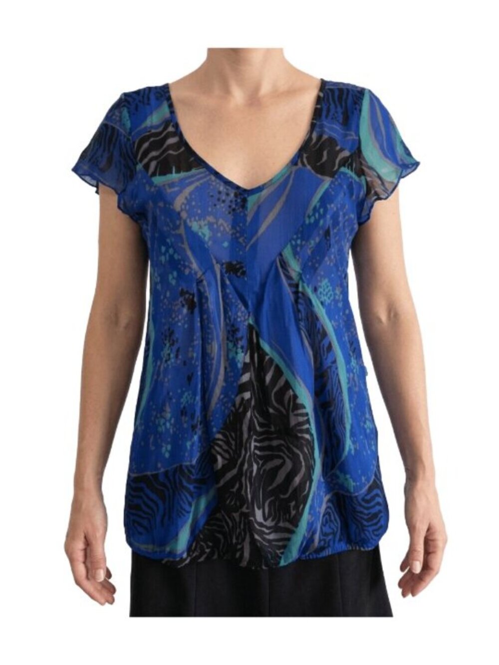 DKNY Jean Top Flutter Sleeves Blue Abstract Short Sleeves Womens Medium